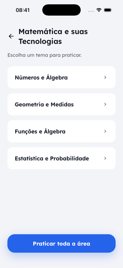 Treino livre por área de conhecimento e assunto.